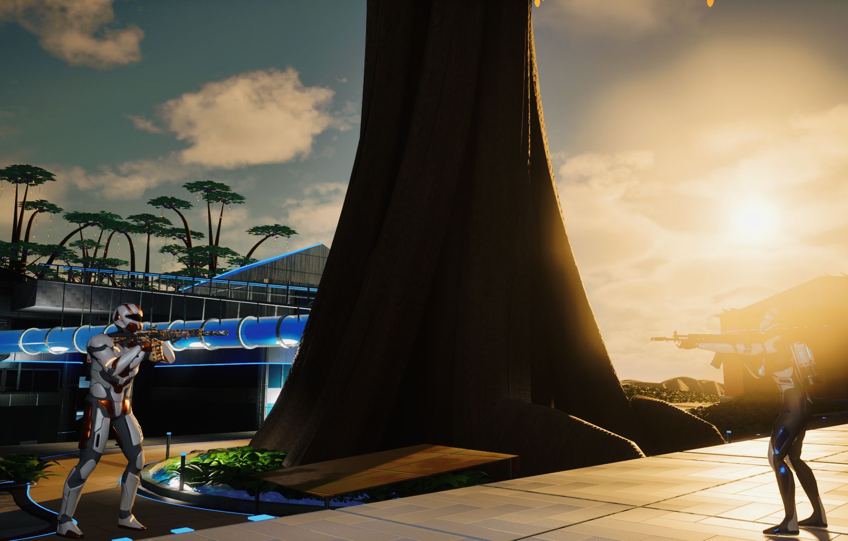 Two armoured Kinetics face off across a sunlit research campus beneath a giant alien tree.
