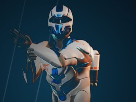 A Kinetic in a white and blue helmet with a jetpack.
