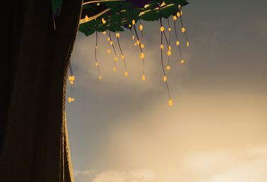 Glowing seed pods hanging from the giant tree against a hazy sky.