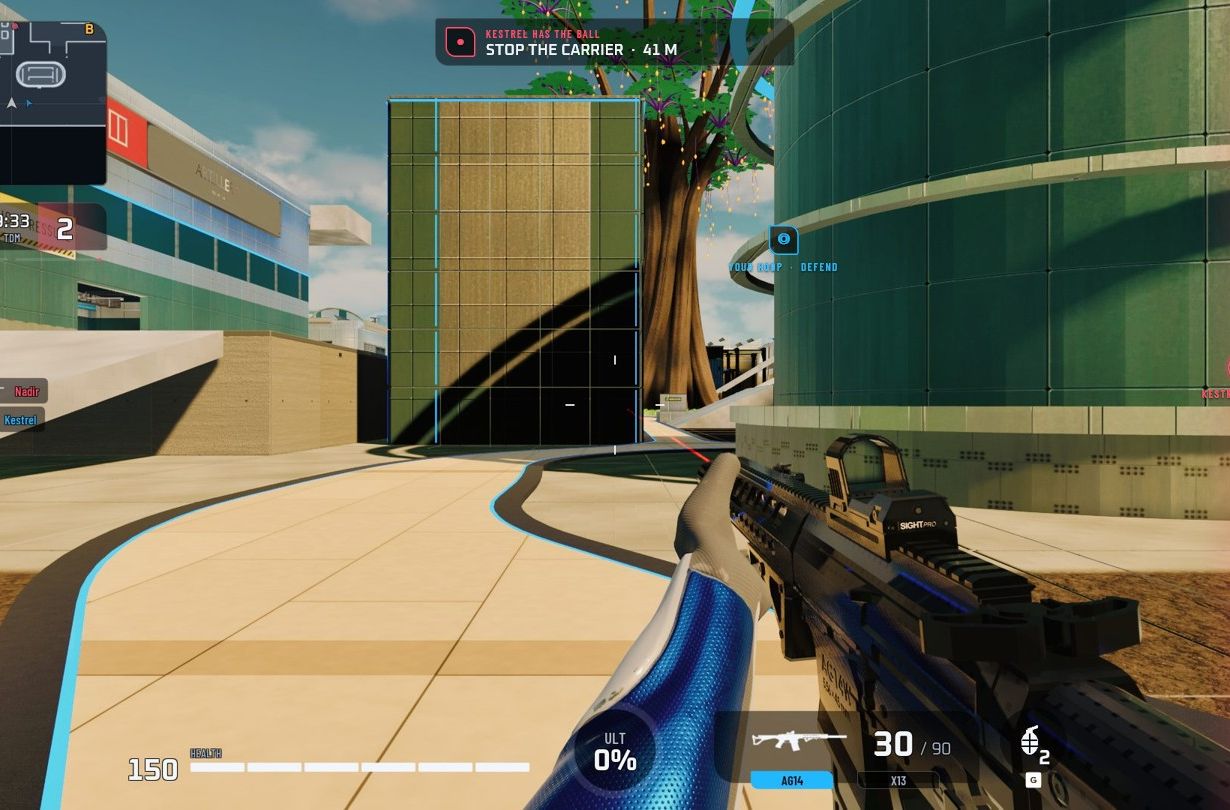 Upload, first person: the HUD tells the crew to stop the carrier, 41 metres away.